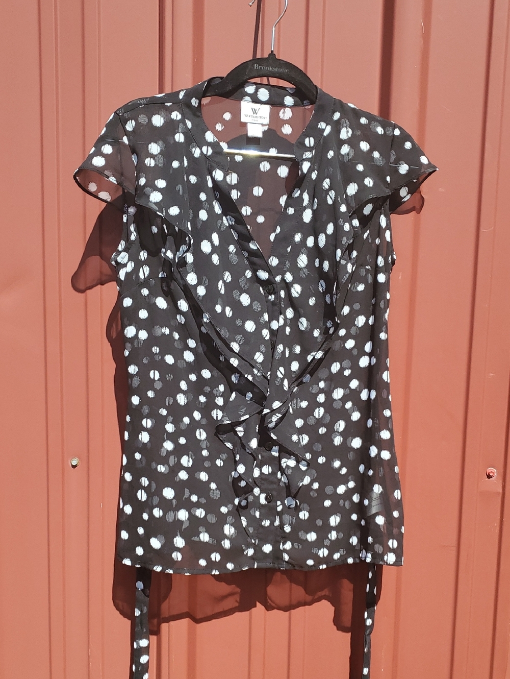 W by Worthington  Black and White Polka Dot Ruffle Wrap Top